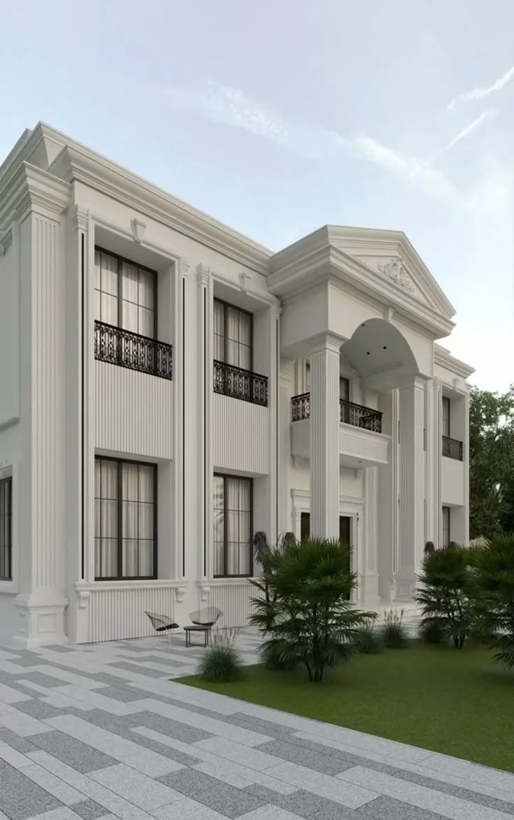 مرجع تصميمي لفيلا كلاسيكية بأعمدة وشرفات